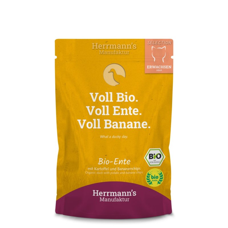 Herrmanns Manufaktur Selection Bio Ente mit Kartoffeln und Bananenchips 100g Herrmanns Manufaktur Selection Bio Ente mit Kartoffeln und Bananenchips 100g